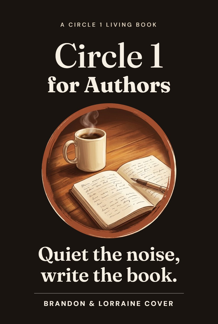 The cover of Circle 1 for Authors: a coffee mug and an open notebook inside a rust-colored ring on a dark background, under the title